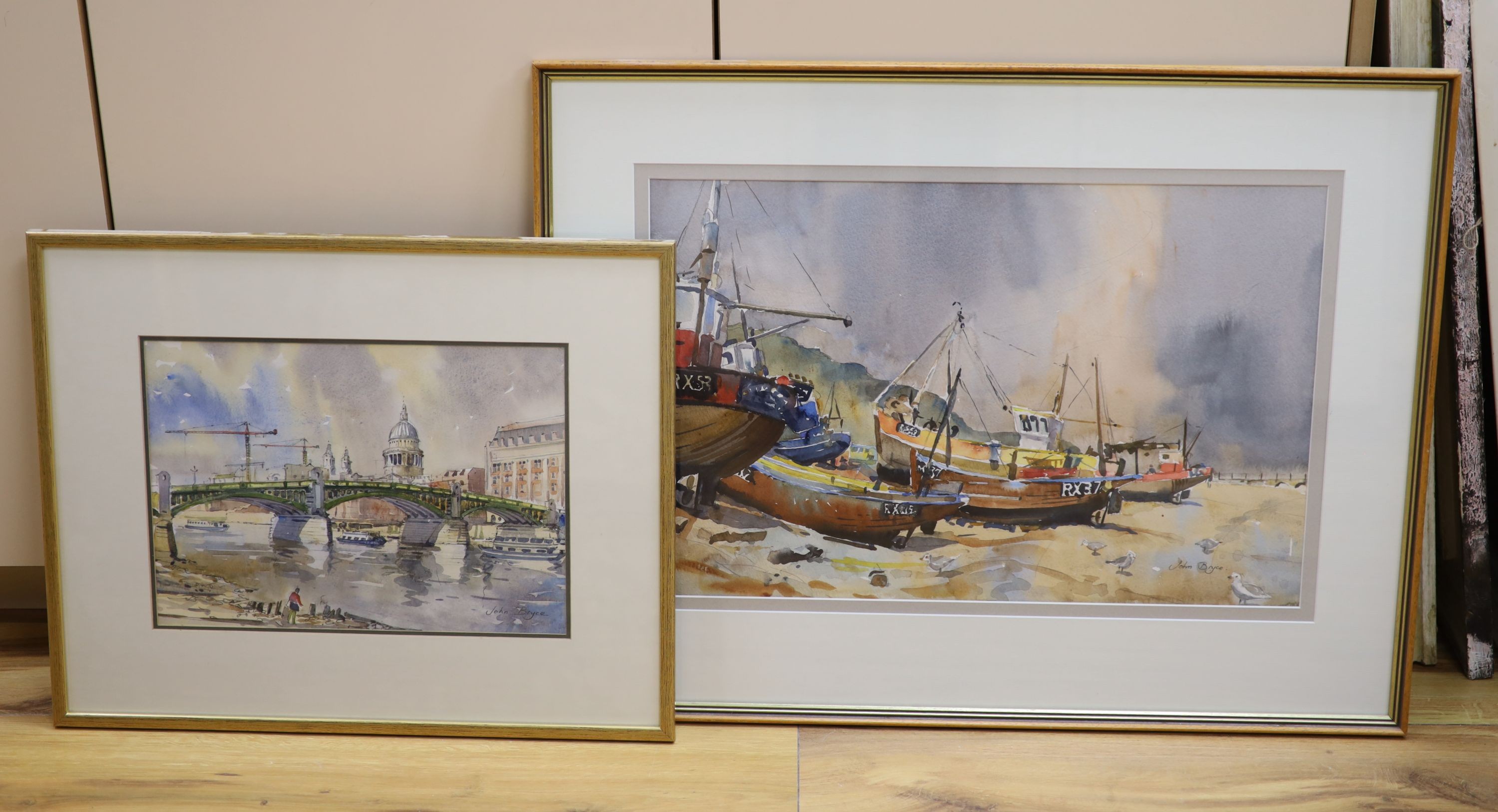 John Bryce (b. 1934), two watercolours, Southwark Bridge and St Paul's and Fishing boats, signed, 24 x 34cm and 35 x 54cm